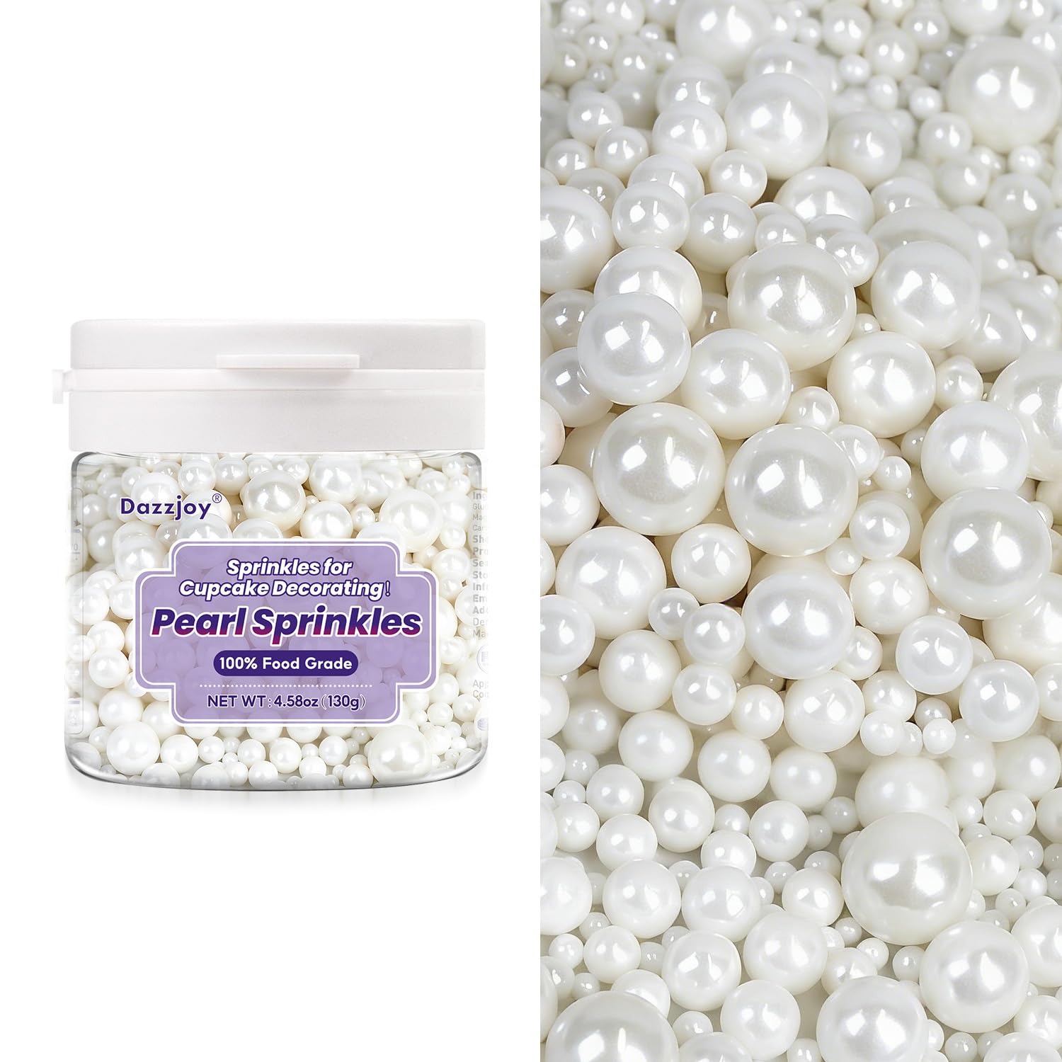 Dazzjoy 130g packaging of white pearl sprinkles for baking use.