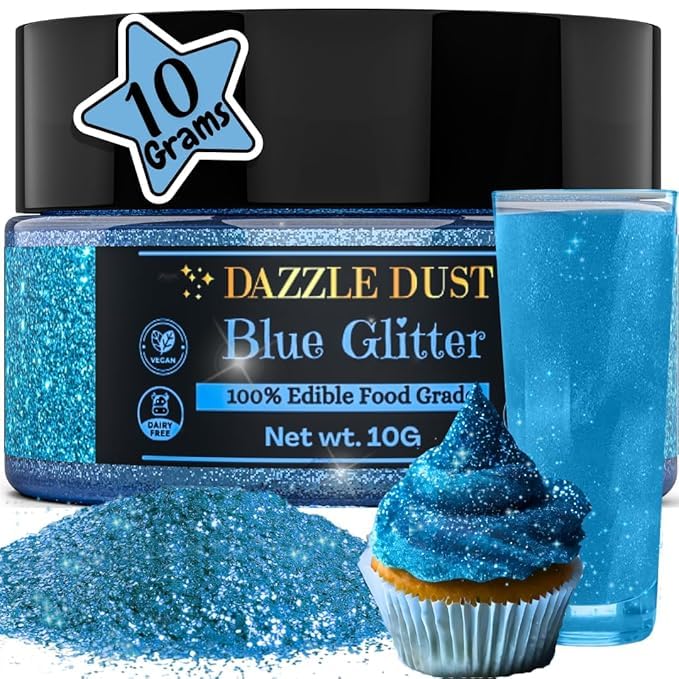 Dazzle Dust edible glitter adds a blue shimmer to cakes and cupcakes for celebrations.