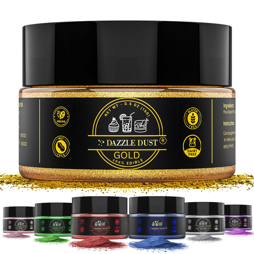 DAZZLE DUST gold food-grade glitter suitable for safe dessert decoration.