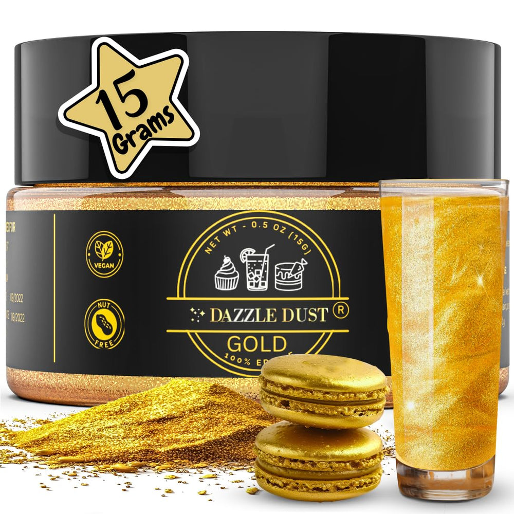 DAZZLE DUST gold glitter on cake for a festive, eye-catching finish.