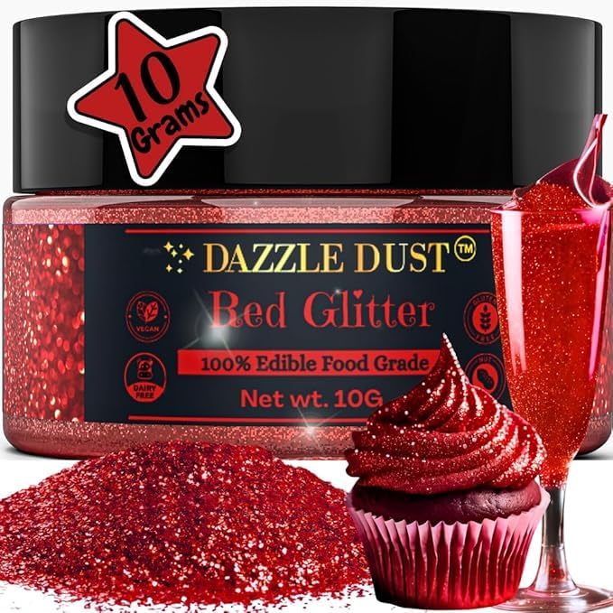 Dazzle Dust red edible glitter on cupcakes for dramatic dessert sparkle