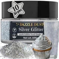 Dazzle Dust Silver jar front for quick shimmering cake decoration