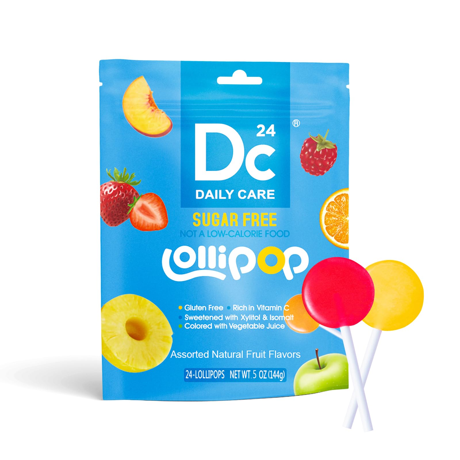DC24 Daily Care lollipops in front-pack display, kid-friendly sugar-free treat.