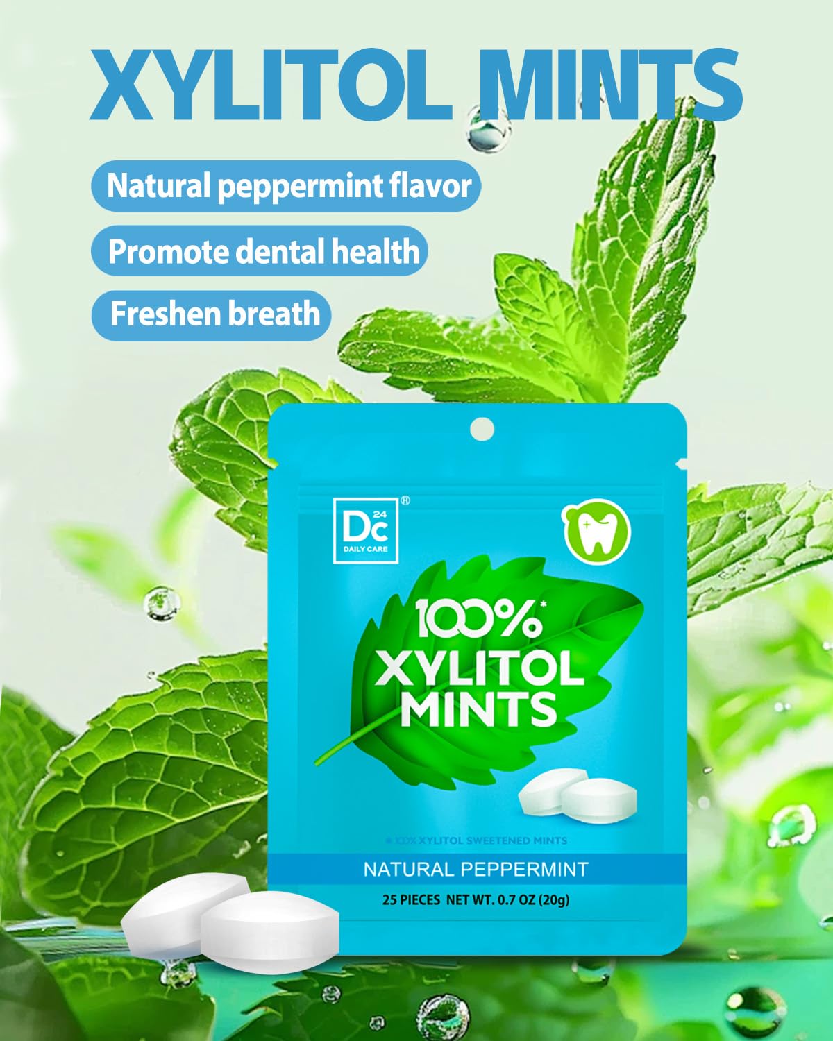 DC24 DAILY CARE mints in pocket pack, convenient fresh breath anytime.