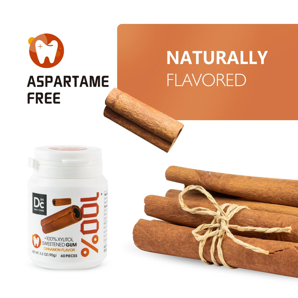 DC24 Daily Care cinnamon flavor packaging highlights gluten-free and vegan ingredients.