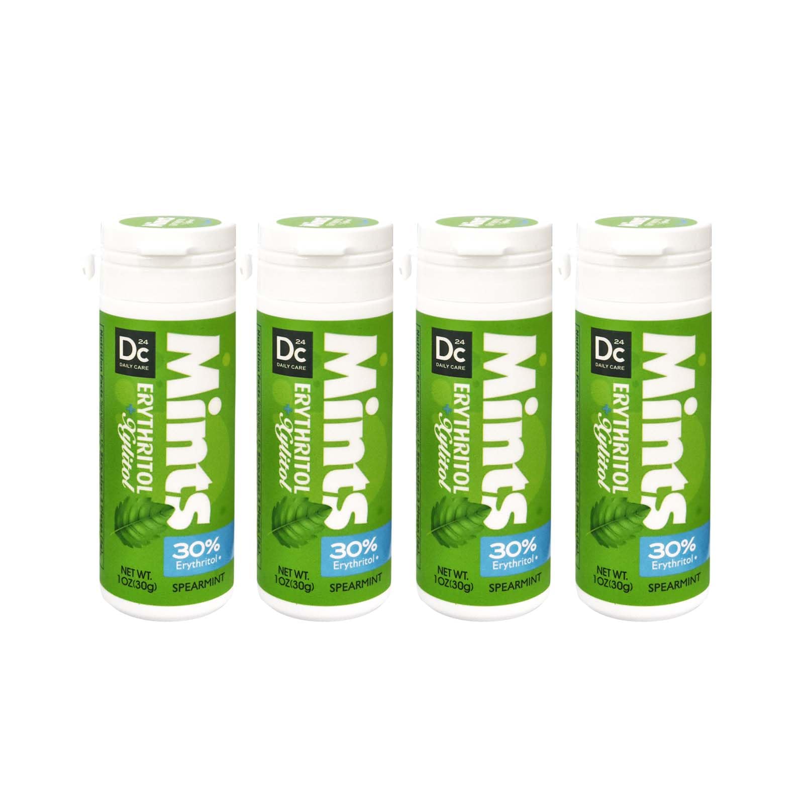 DC24 DAILY CARE xylitol-erythritol mints packaging; four tubes for on-the-go freshness.