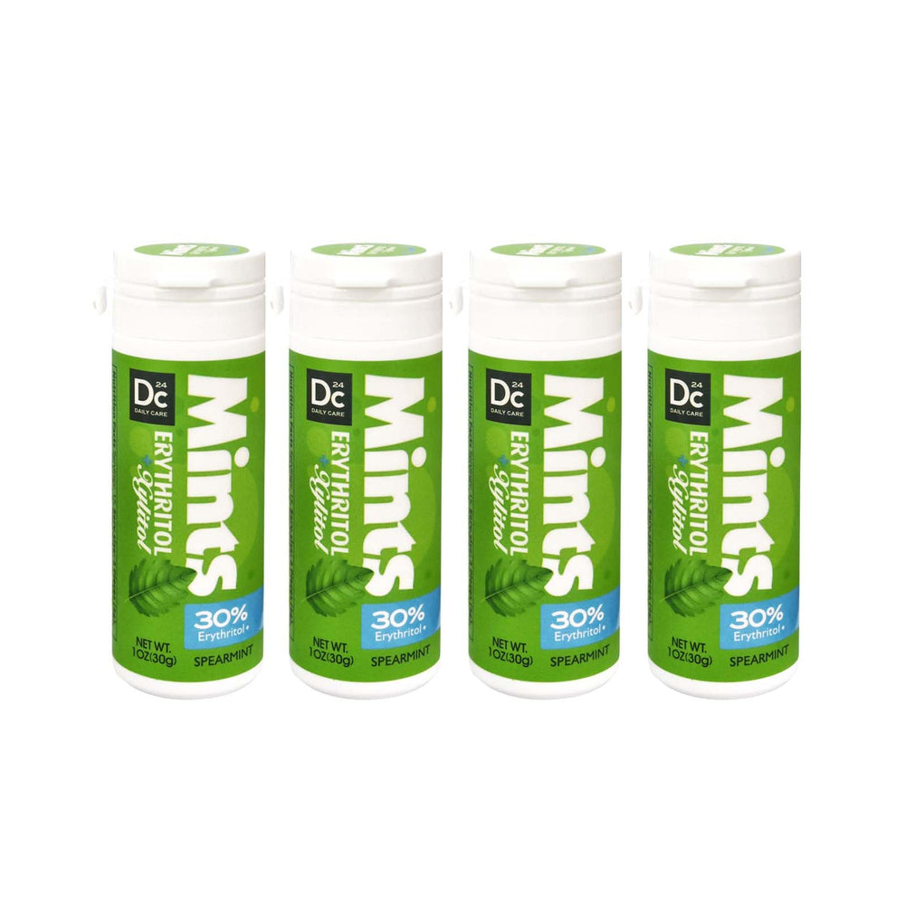 DC24 DAILY CARE xylitol-erythritol mints packaging; four tubes for on-the-go freshness.