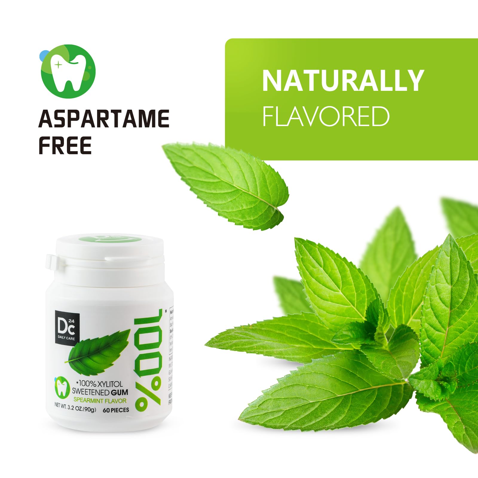 DC24 Daily Care spearmint flavor label suggests refreshing breath after meals