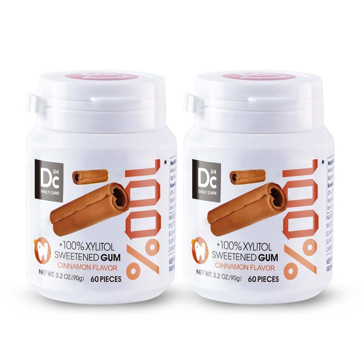 DC24 Daily Care two bottles of xylitol gum in a 120-count pack for convenience.