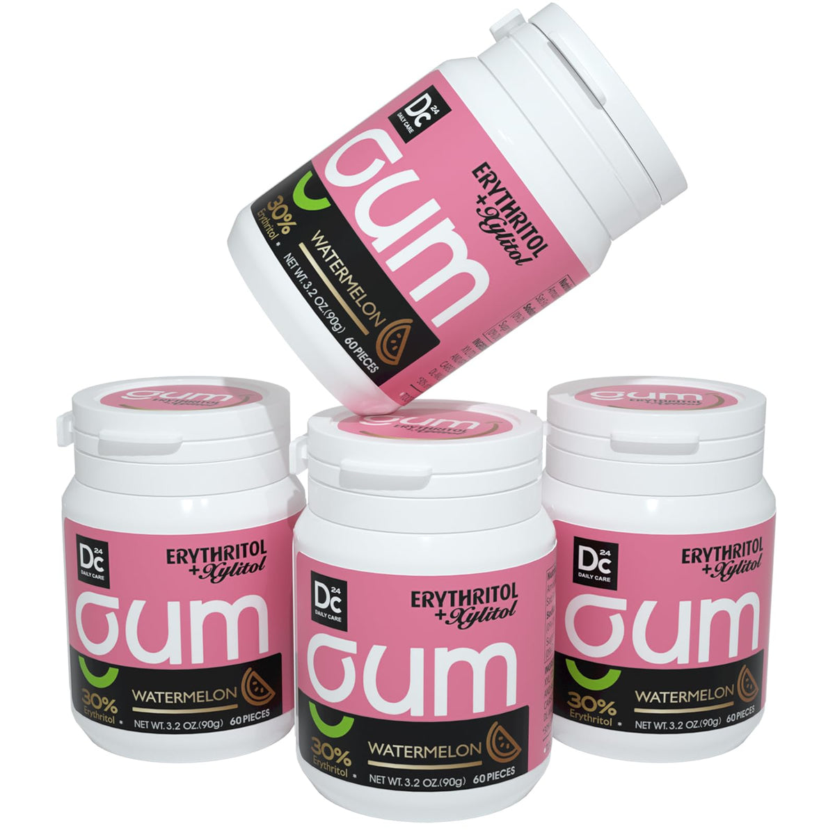 DC24 Daily Care Watermelon pack shot shows four portable bottles for fresh breath on the go