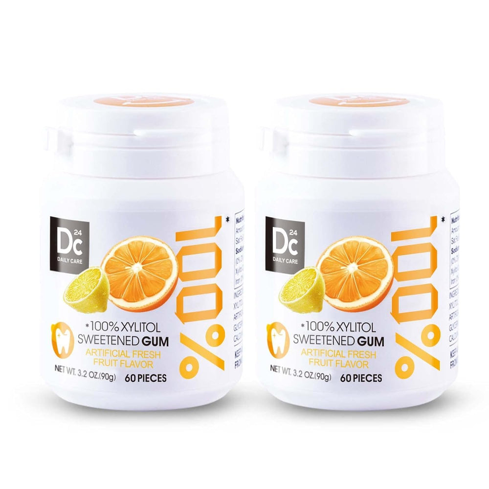 DC24 DAILY CARE xylitol gum bottle front with fresh fruit flavor for quick refresh after meals