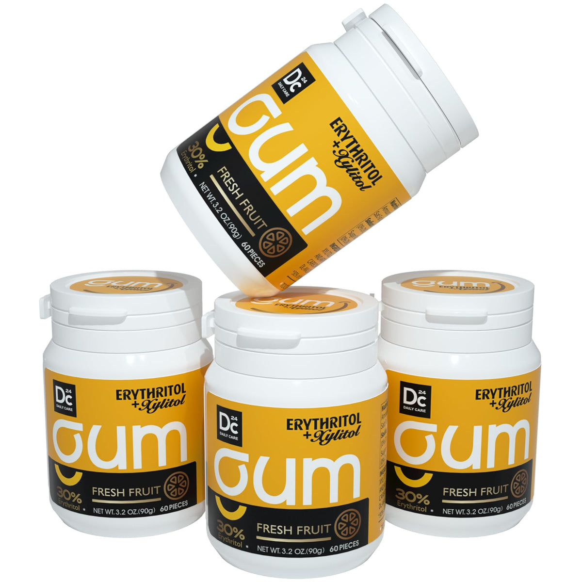 DC24 DAILY CARE xylitol gum pack front shows convenient 60-piece bottles.