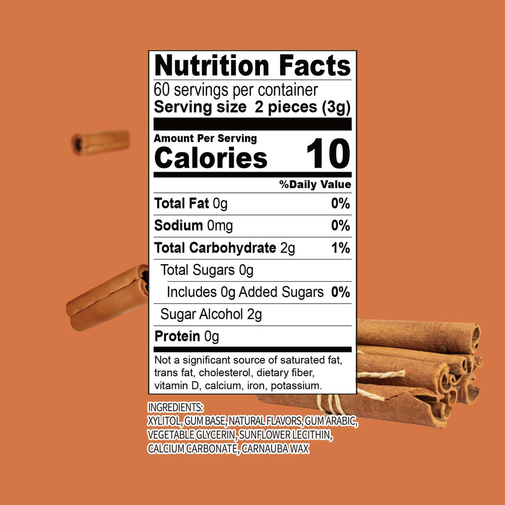Close-up of DC24 Daily Care xylitol gum pieces with cinnamon flavor.