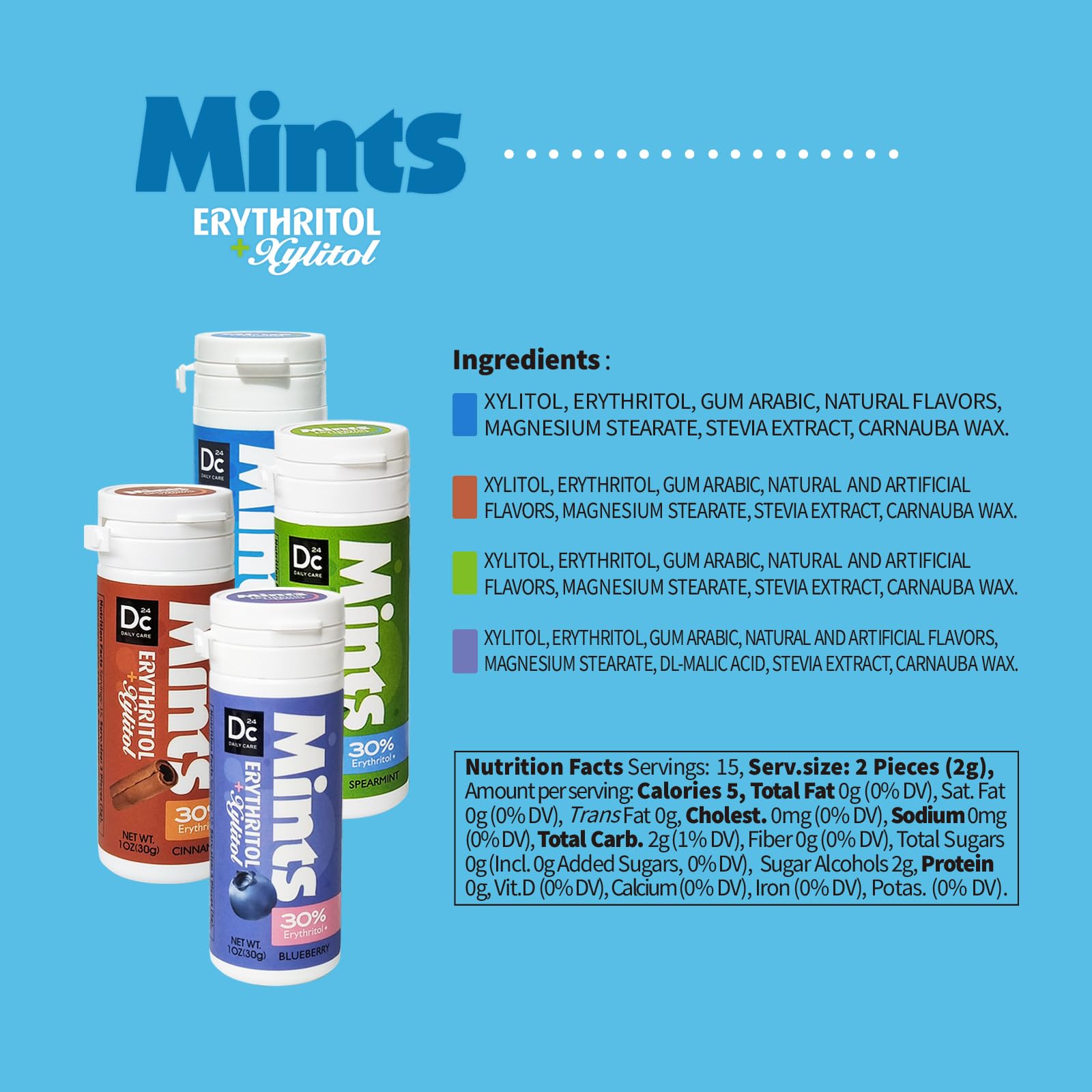 DC24 DAILY CARE Xylitol Mints four-tube pack arranged for purse or pocket storage.
