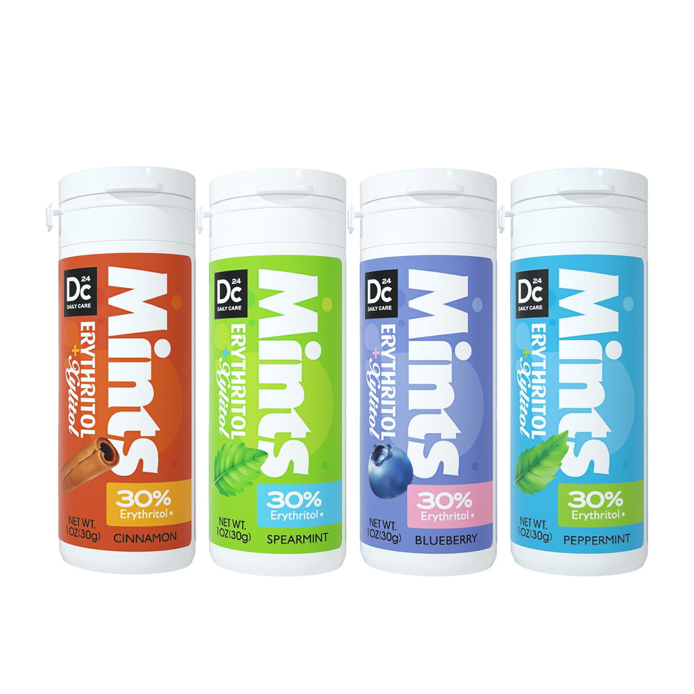 DC24 DAILY CARE Xylitol Mints pack front for on-the-go freshness with sugar-free formula.