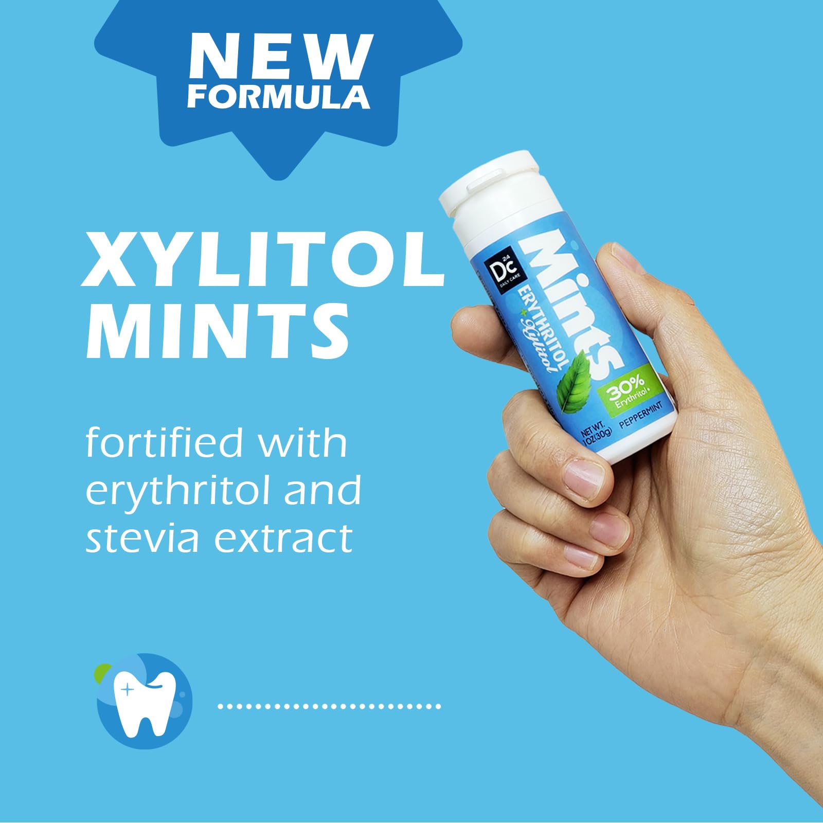 DC24 Daily Care Xylitol Peppermint Mint close-up showing crisp refreshing bite