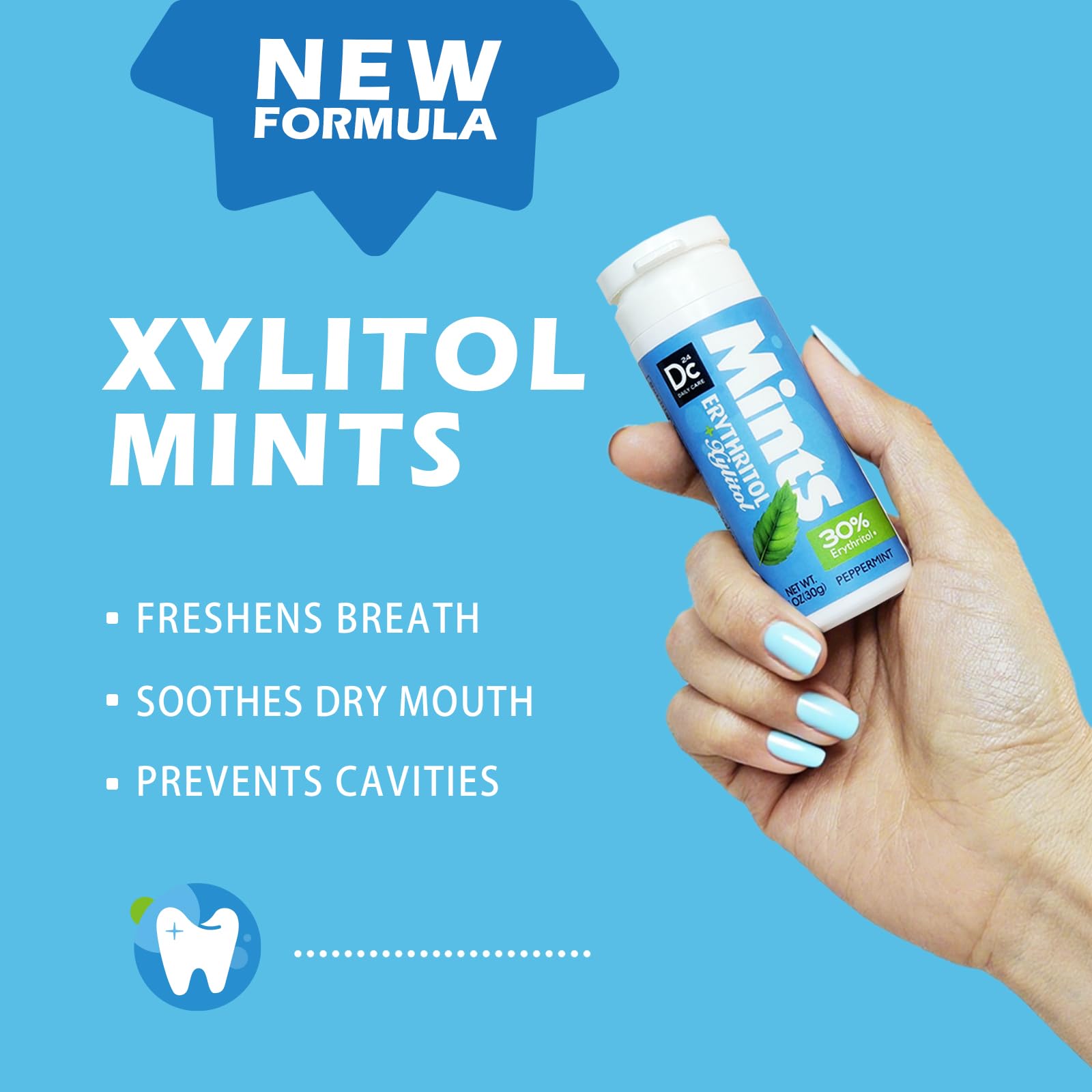 DC24 DAILY CARE Xylitol Mints tube display showing convenient four-tube set for travel.