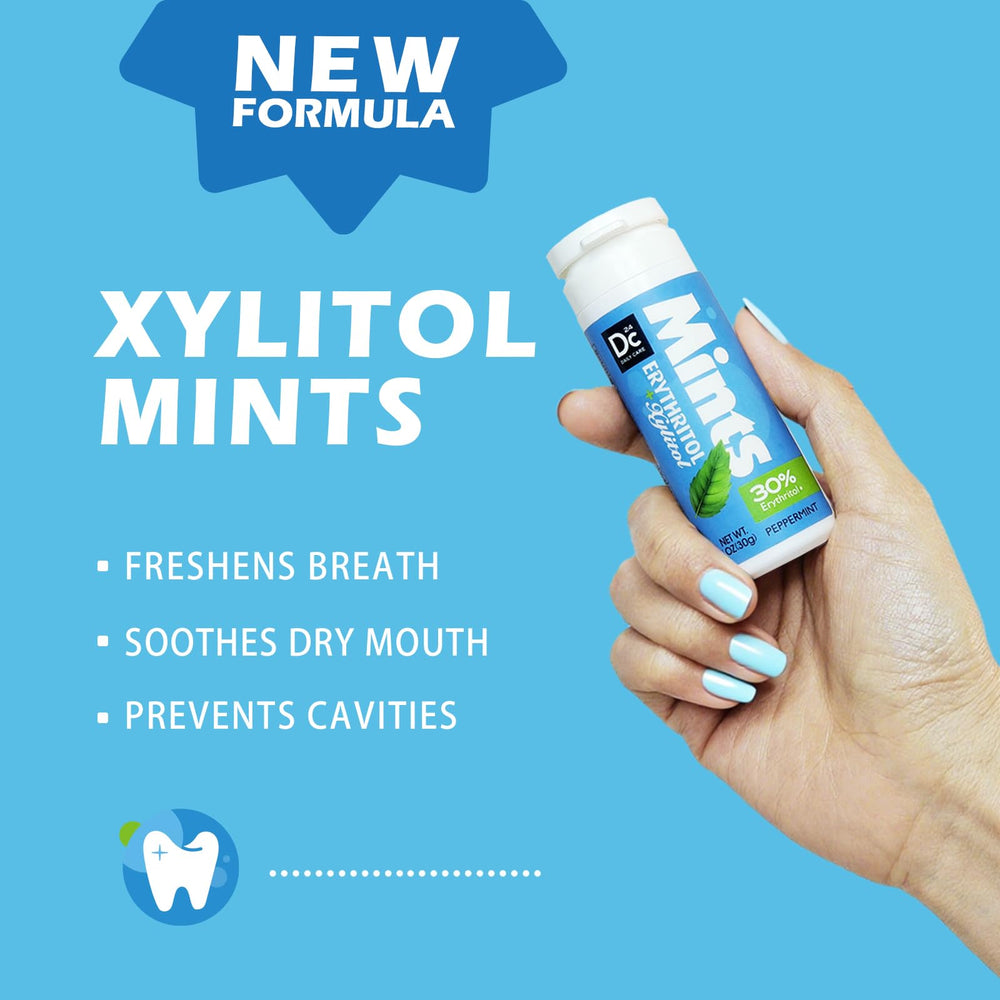 DC24 DAILY CARE Xylitol Mints tube display showing convenient four-tube set for travel.