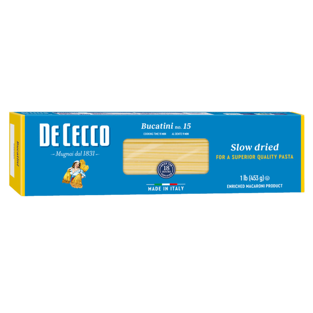 De Cecco Bucatini No. 15 pasta pack 16oz, ready for hearty sauce-driven meals.