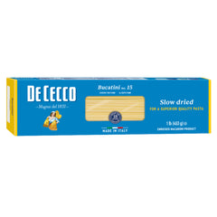 De Cecco Bucatini No. 15 pasta pack 16oz, ready for hearty sauce-driven meals.