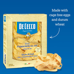 De Cecco cage-free eggs used in premium pasta for flavor and color.