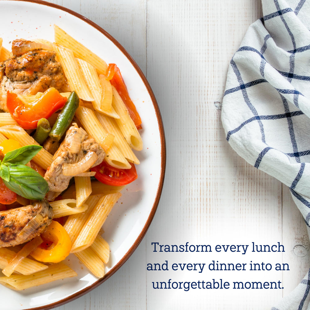 Italian dining setup featuring De Cecco pasta ready to cook