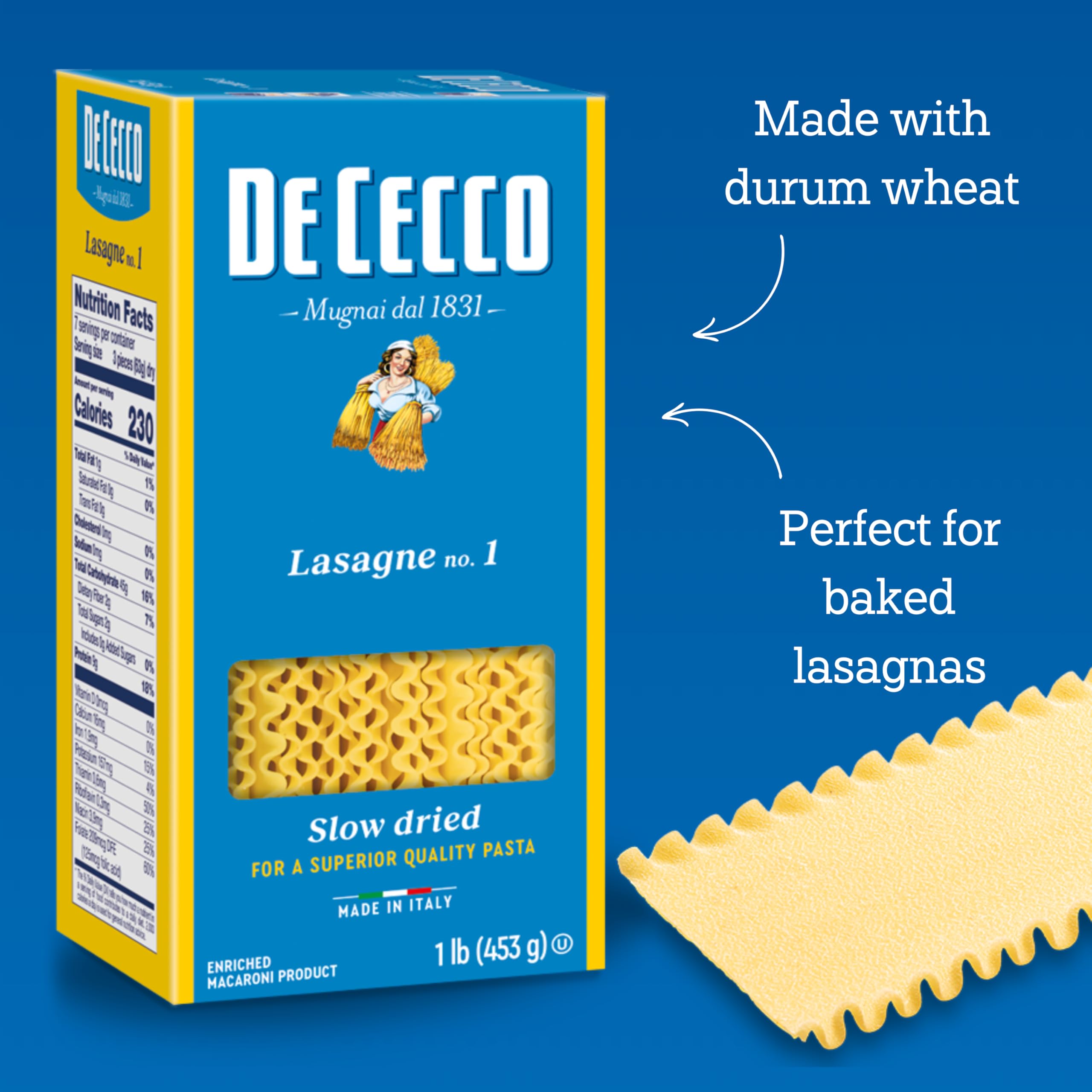 De Cecco Lasagne No.1 low-temperature drying preserves flavor and texture.