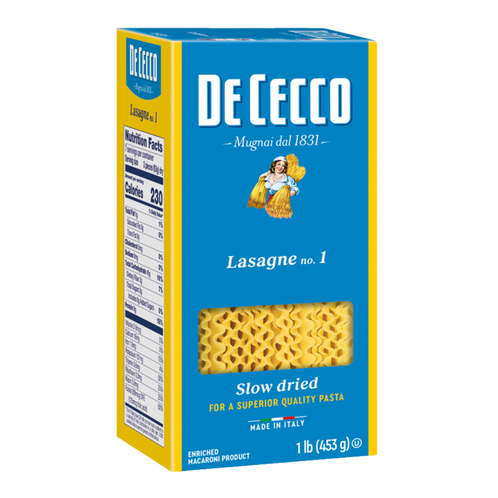 De Cecco Lasagne No.1 packaging shown, premium Italian pasta for every meal.