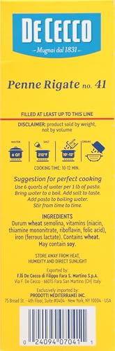 De Cecco Penne Rigate No.41 made from 100% durum wheat semolina for sturdy texture.