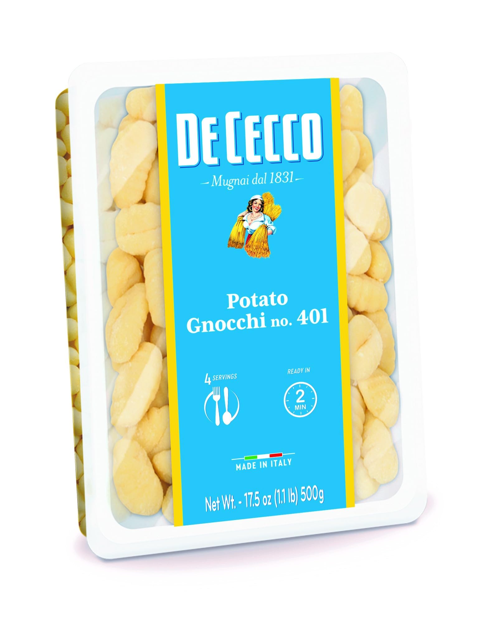 De Cecco Potato Gnocchi No 401 package, authentic Italian dumplings ideal for quick weeknight meals.