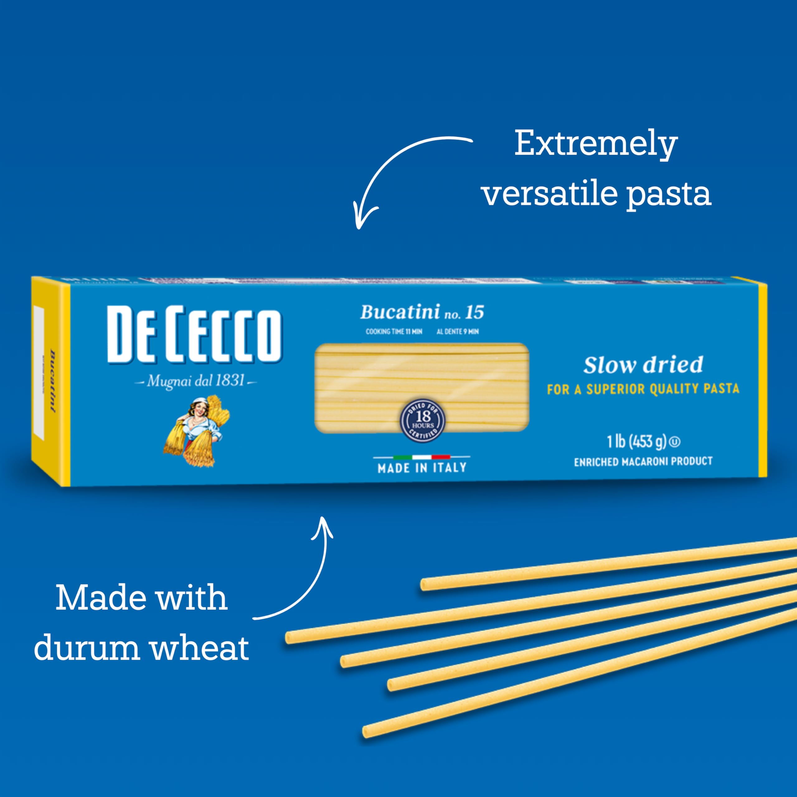 De Cecco semolina and durum wheat pasta emphasizes firm bite.