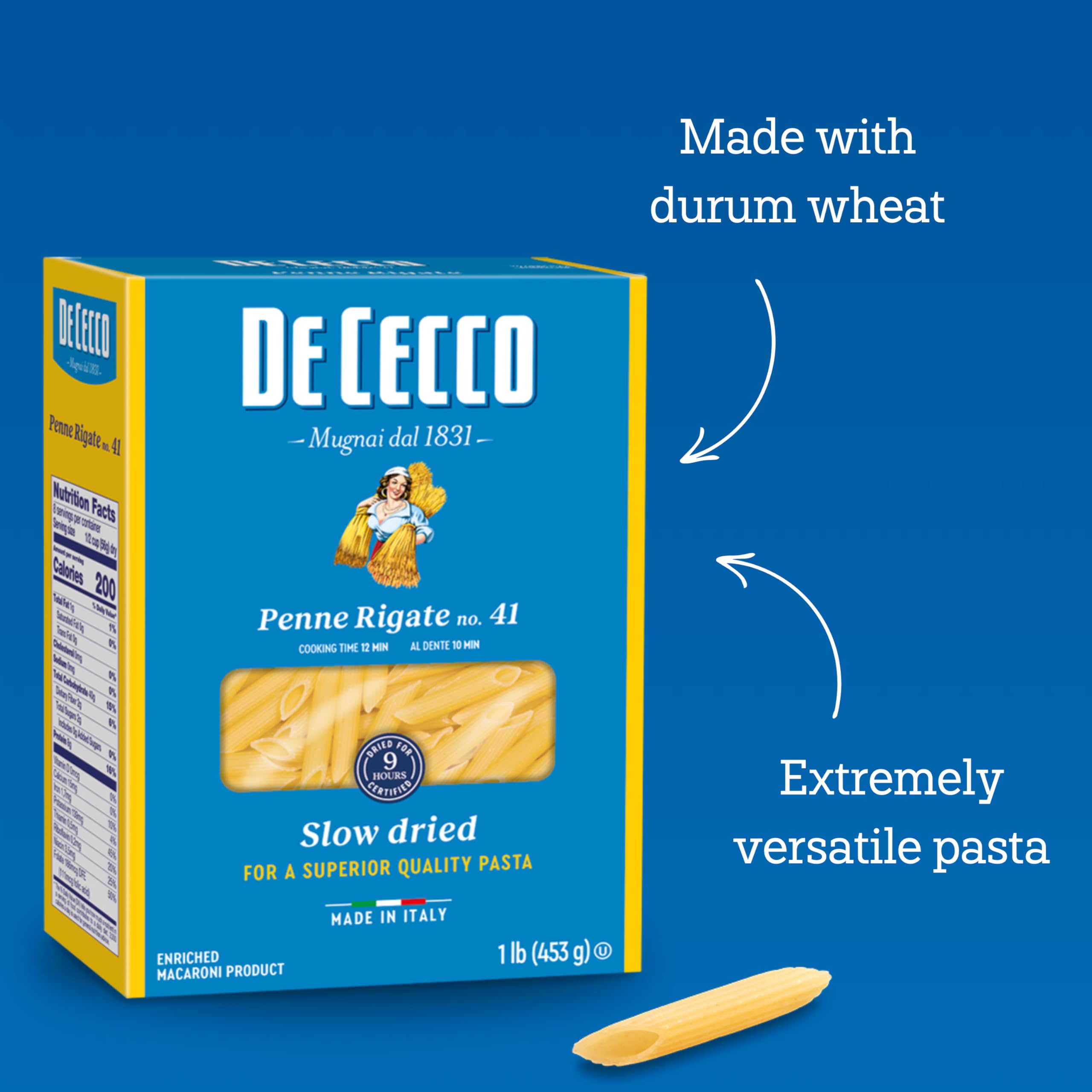 Slow-dried De Cecco pasta preserves flavor and firm bite