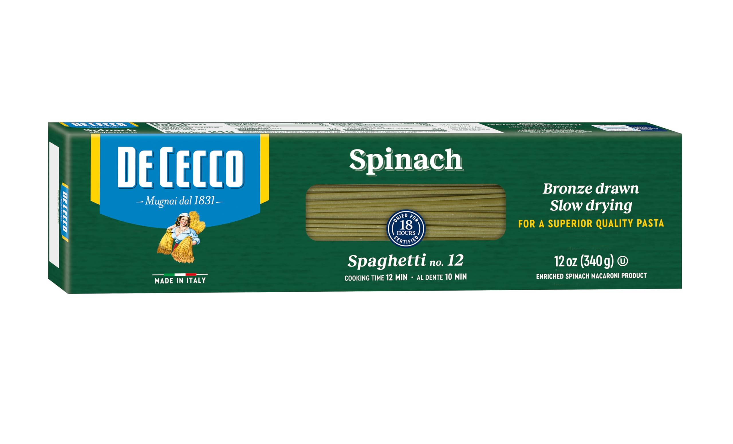 De Cecco Spinach Spaghetti No.12 raw bundles with vibrant green hue, perfect for quick weeknight meals
