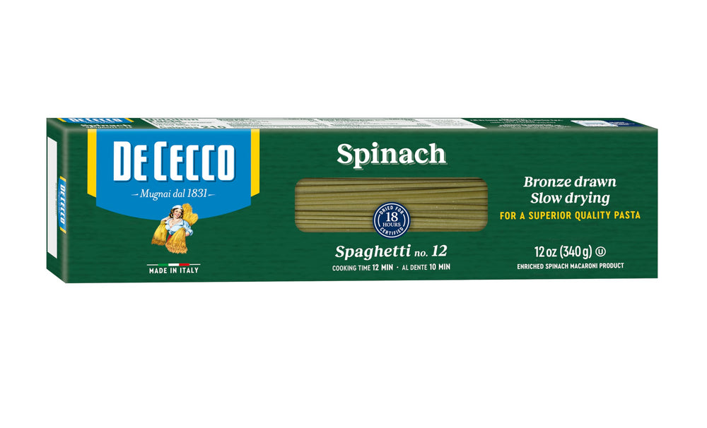 De Cecco Spinach Spaghetti No.12 raw bundles with vibrant green hue, perfect for quick weeknight meals