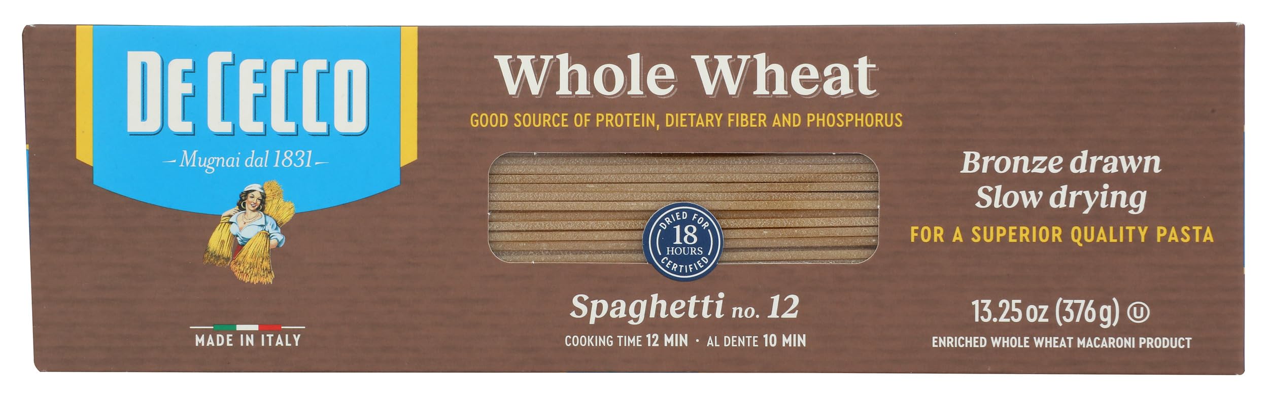 De Cecco Whole Wheat Spaghetti packaging shows premium pasta for quick, satisfying meals.