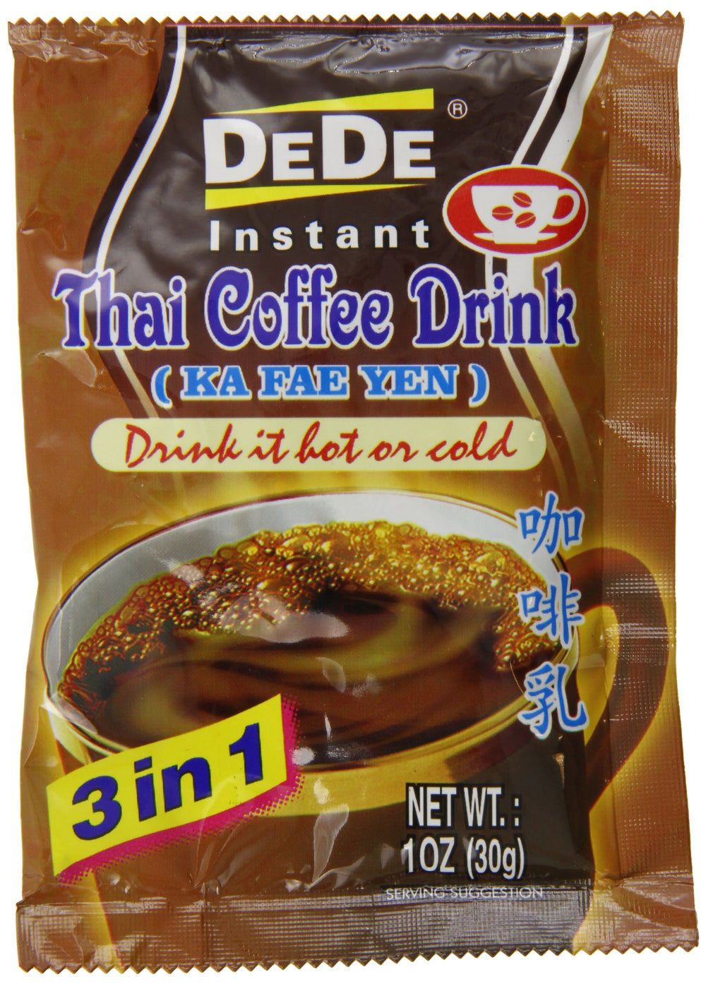 De De instant Thai coffee drink packs stacked for quick mornings.