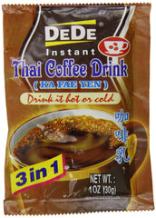 De De instant Thai coffee drink packs stacked for quick mornings.