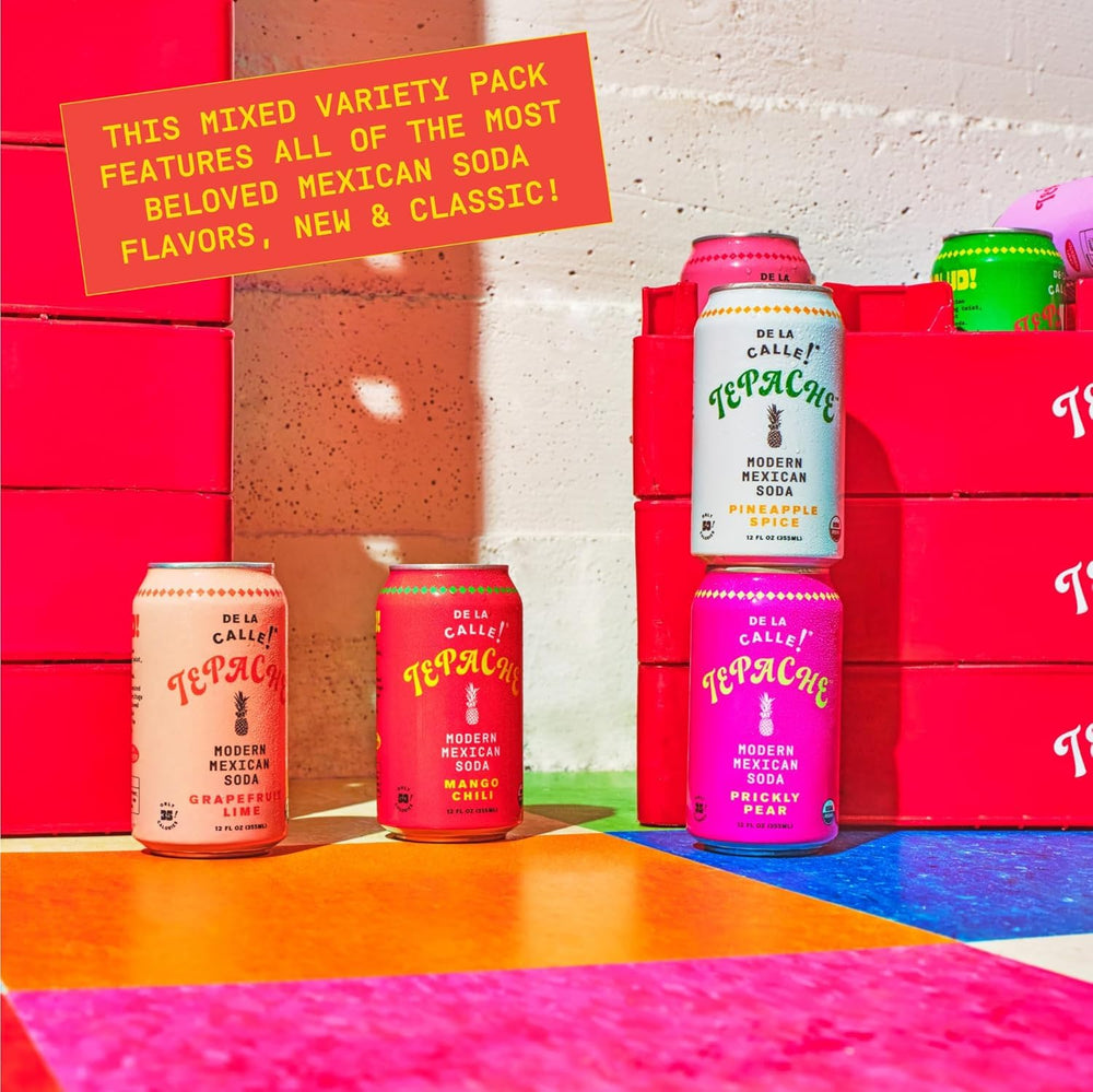 De La Calle Tepache Mixta Pack front view showing vibrant cans for convenient grab-and-go