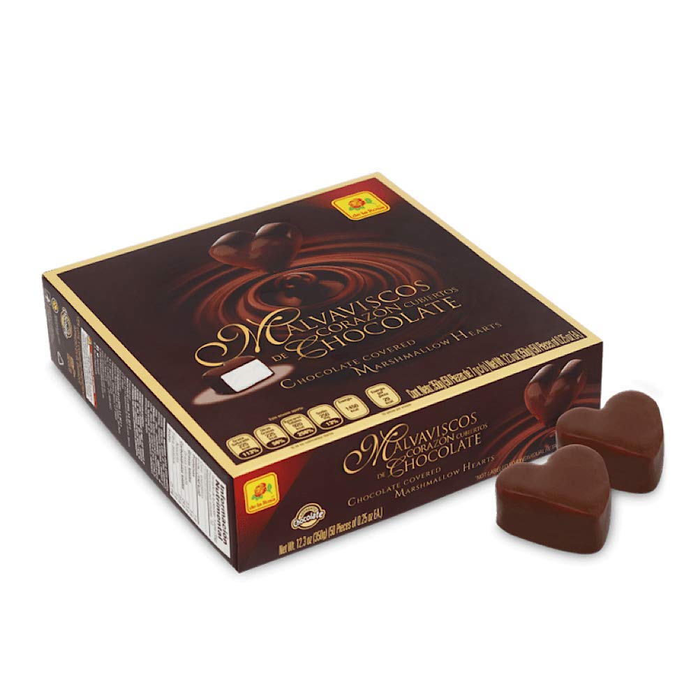 De la Rosa chocolate covered marshmallow hearts, 50 count, ideal for gifting and sharing.