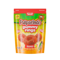 De la Rosa Pulparindo Gummy Rings mango pack, soft and mildly spicy snack for on-the-go.