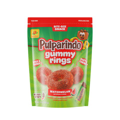 De la Rosa Pulparindo Gummy Rings Watermelon pack front, a tangy spicy snack on the go