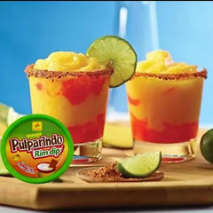 De La Rosa Pulparindo Rim Dip with fruit, ideal for dipping fruit or garnishing drinks.