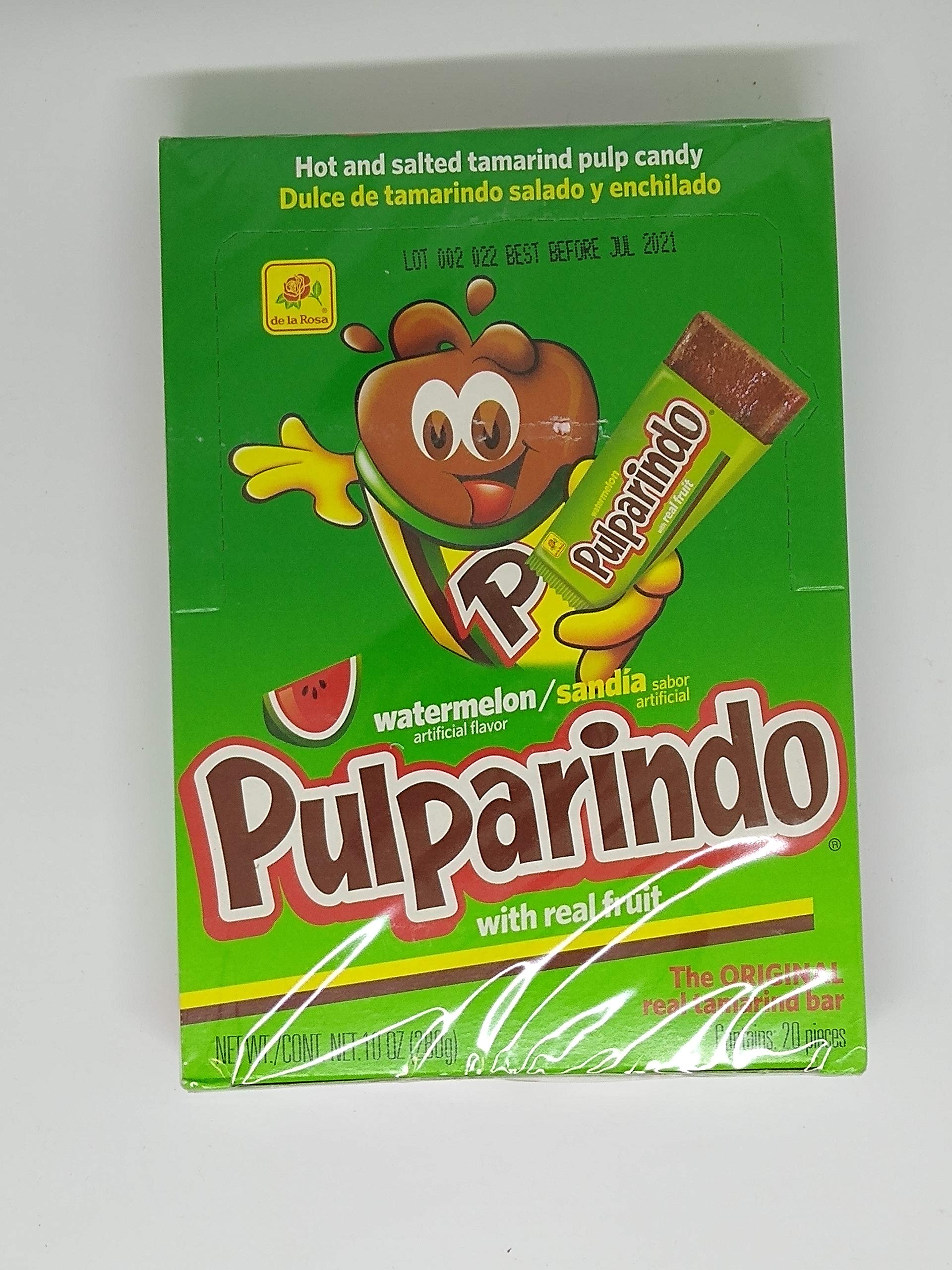 De La Rosa Pulparindo Watermelon 20pcs bag, front view, tangy chewy snack