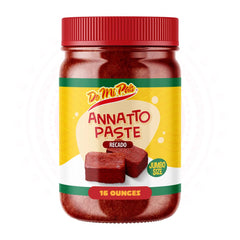 De Mi Pais annatto paste jar front view showing vibrant color for authentic flavor.