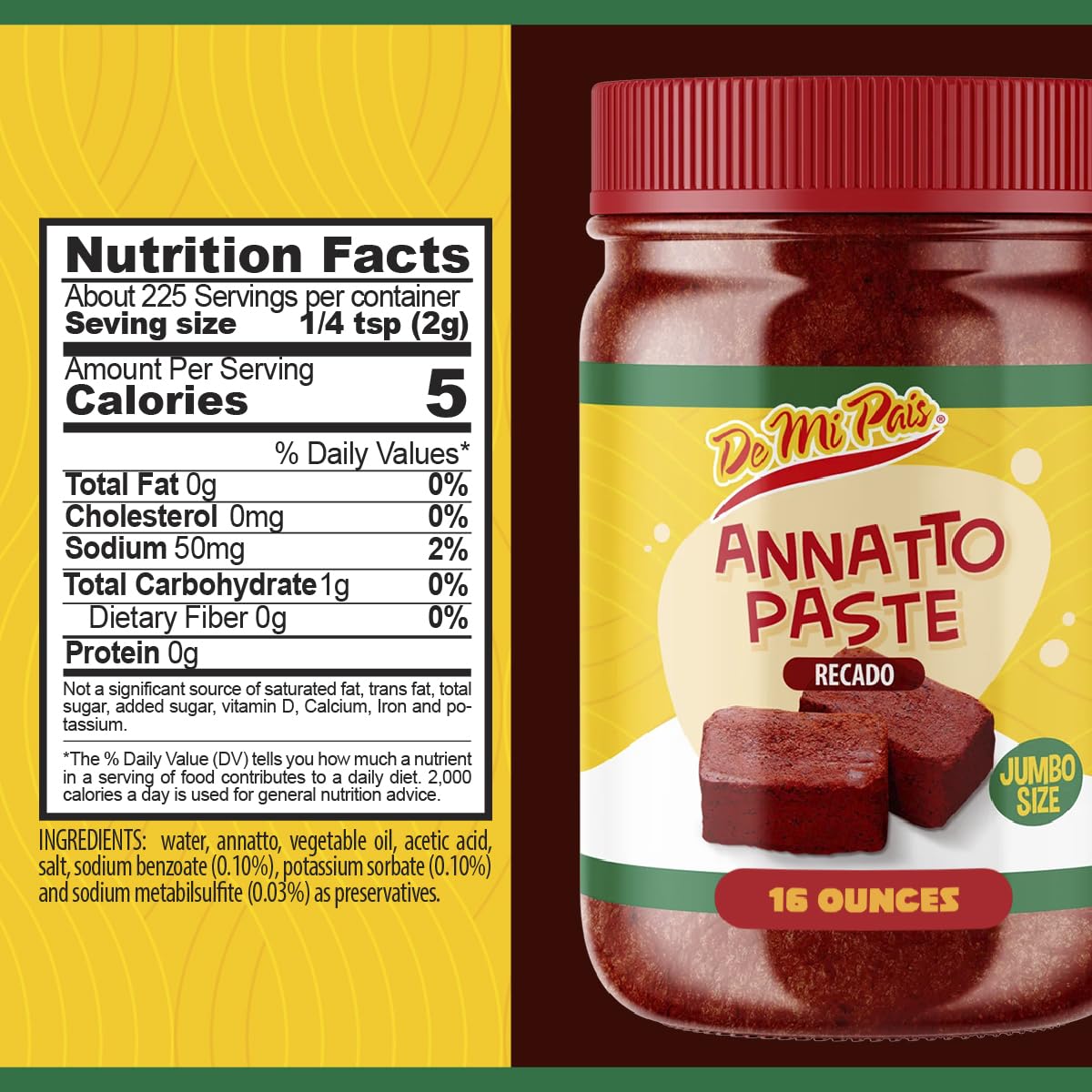 De Mi Pais annatto paste close-up on lid, highlighting smooth texture and easy dissolving.