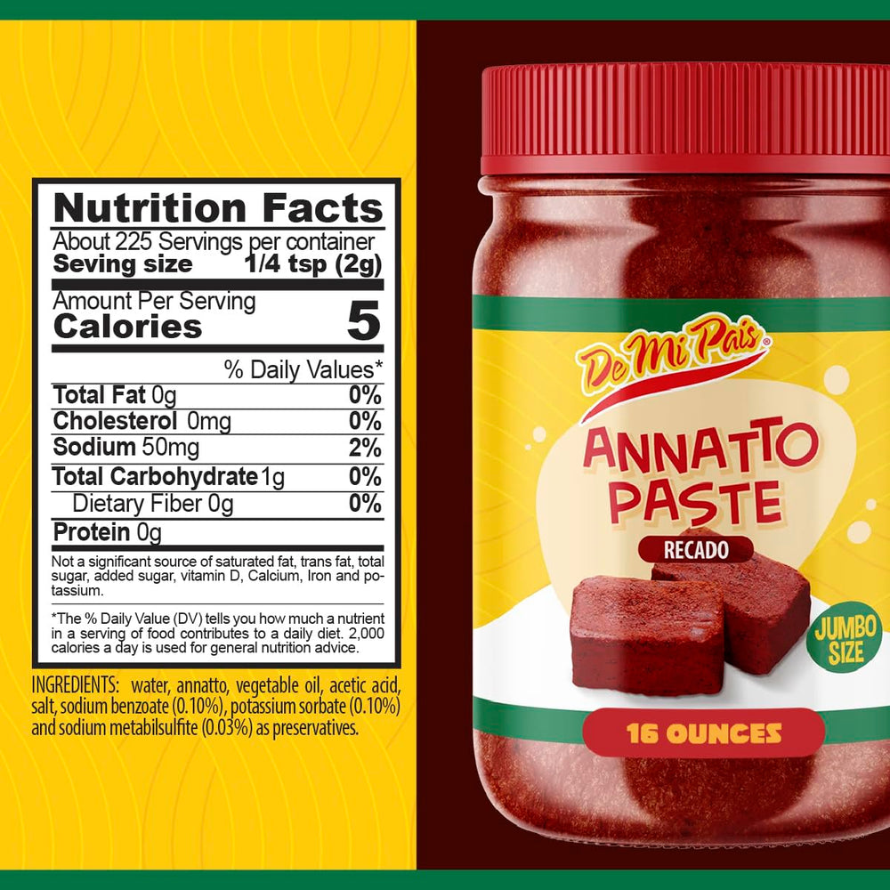 De Mi Pais annatto paste close-up on lid, highlighting smooth texture and easy dissolving.