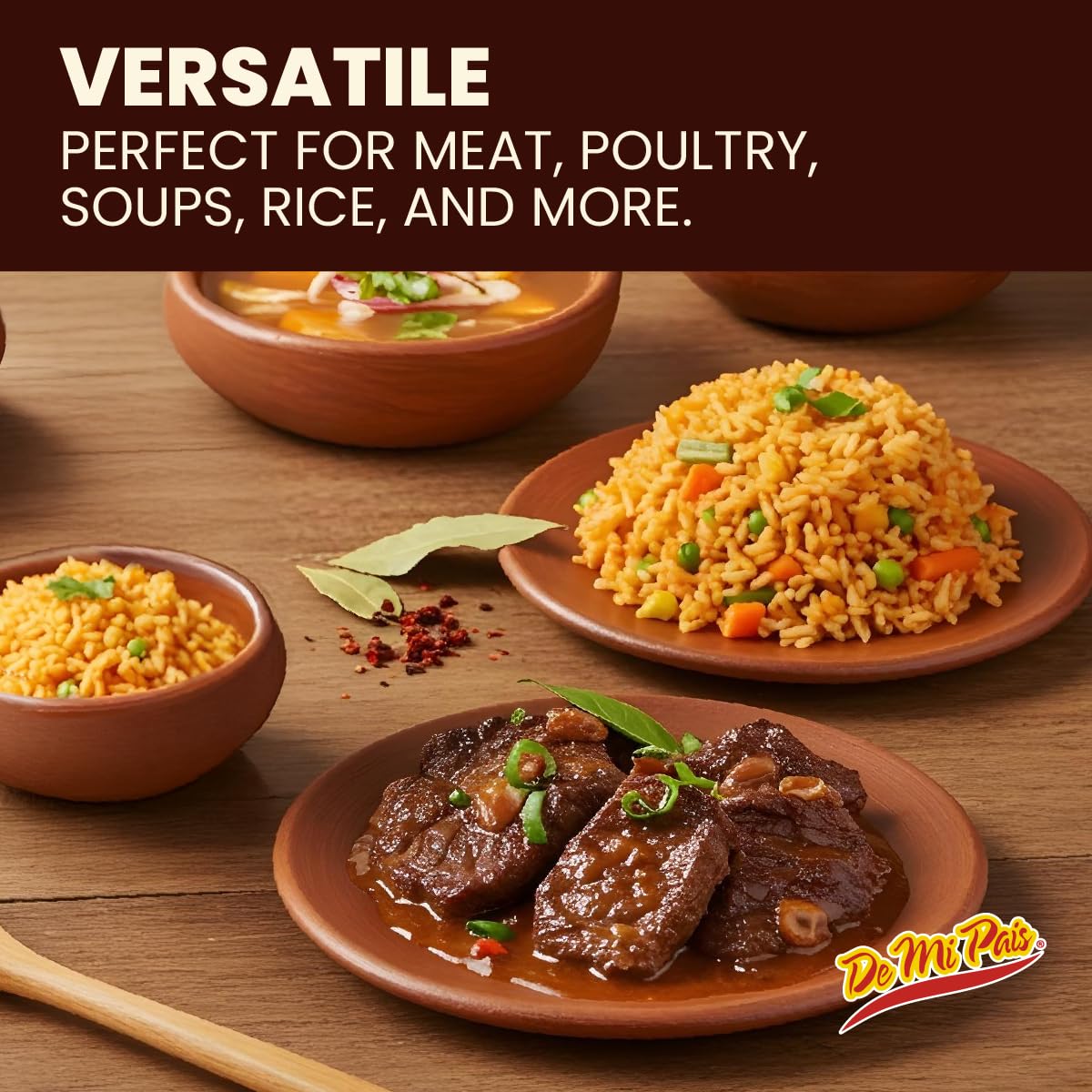 De Mi Pais pork dish colored by annatto paste, showcasing warm, earthy richness.