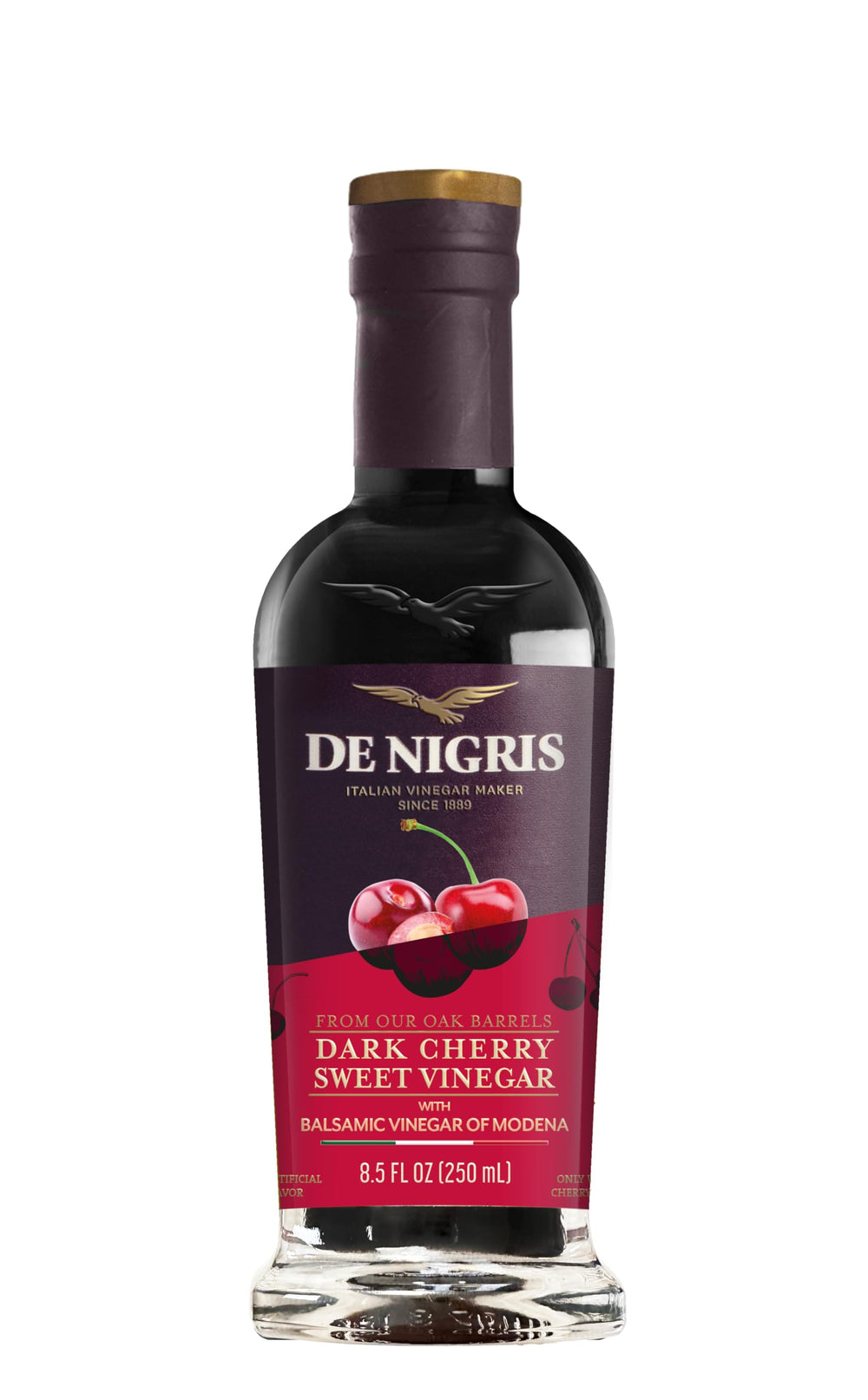 De Nigris dark cherry sweet vinegar bottle showcasing rich fruit flavor for glaze and drizzle.