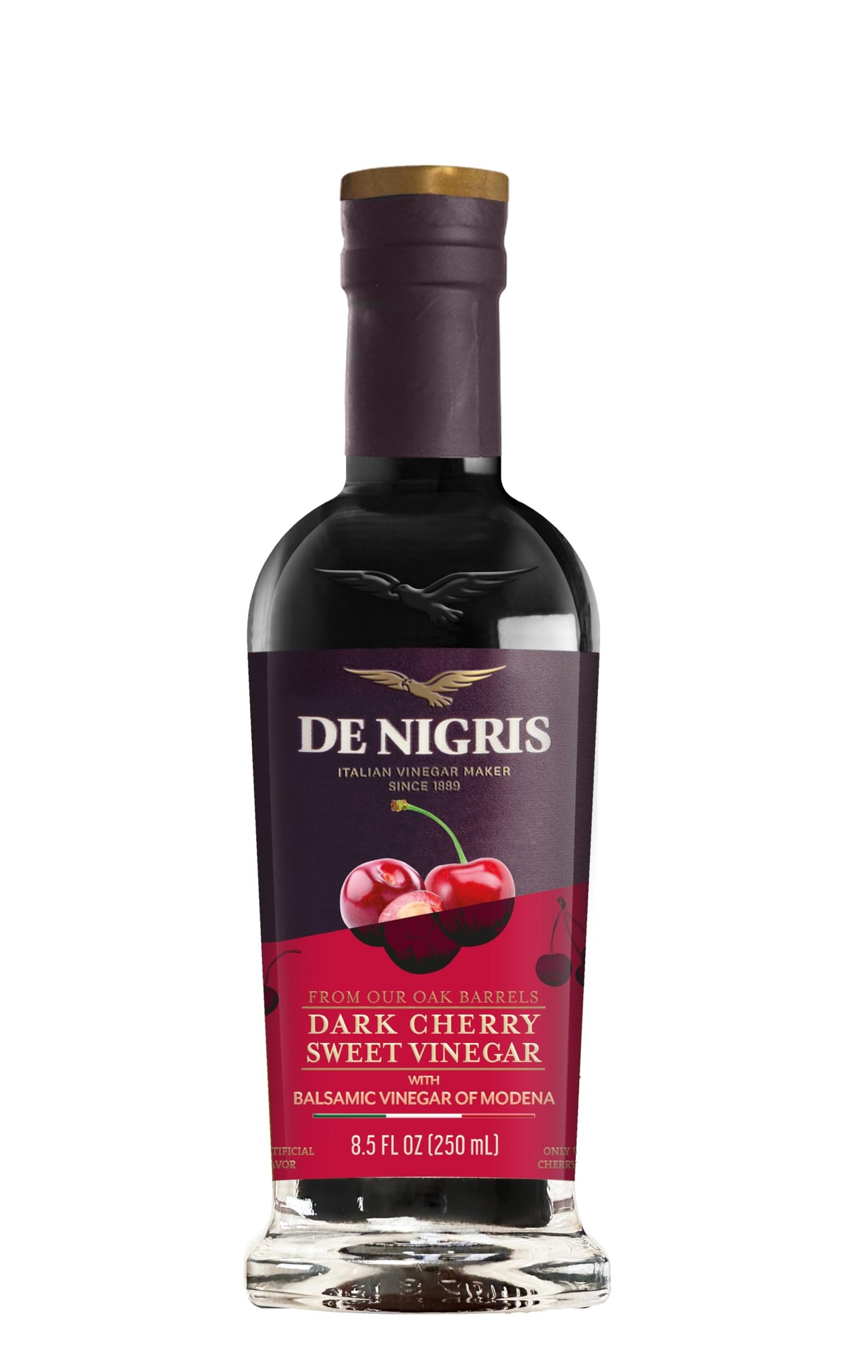 De Nigris dark cherry sweet vinegar bottle showcasing rich fruit flavor for glaze and drizzle.