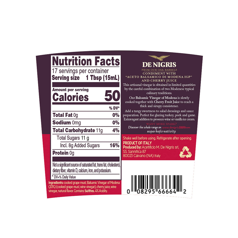 De Nigris Modena balsamic vinegar IGP label highlighting authentic quality for finishing dishes.
